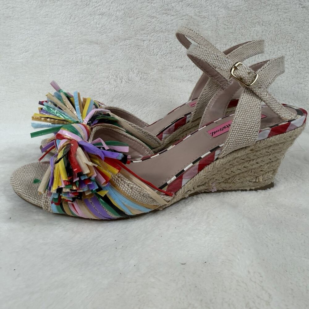 Betsey Johnson Lizzo SS Raffia Wedge Sandals Womens 8M Multicolor Bow Espadrille - Picture 1 of 12